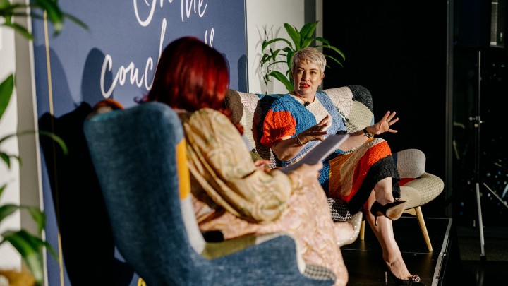 Cathie Reid on the couch at brisbane business hub