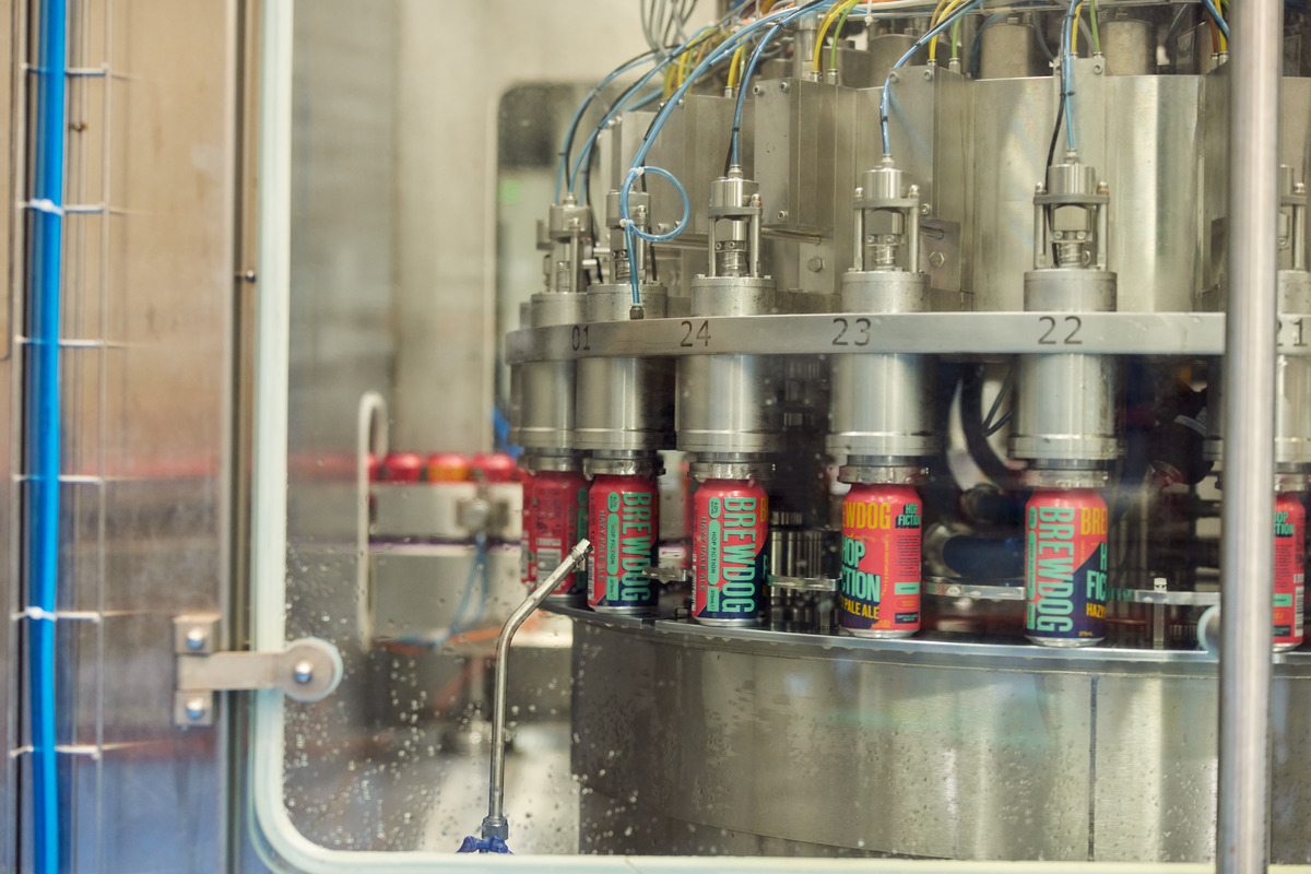 Cans of Brewdog beer being filled in the factory.